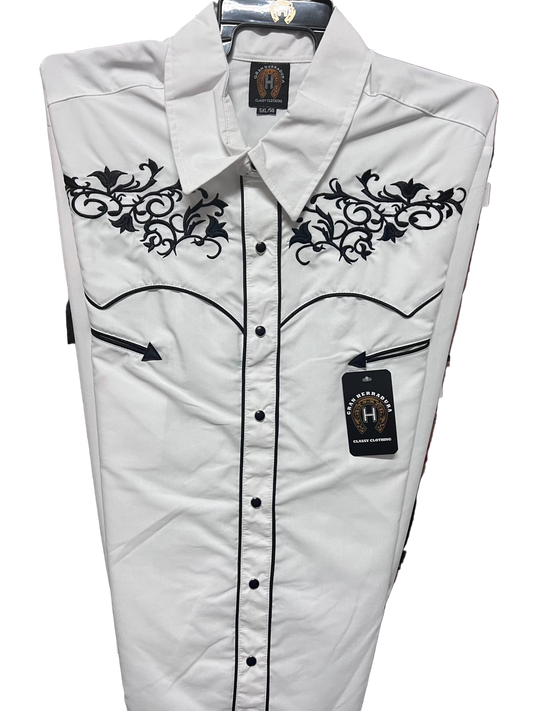 GRAN HERRADURA Men's White with Black Western Design Long Sleeve Snap Shirt