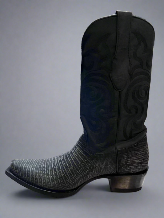 LOS ALTOS Men's Lizard Teju Snip Toe Sanded Black Boots