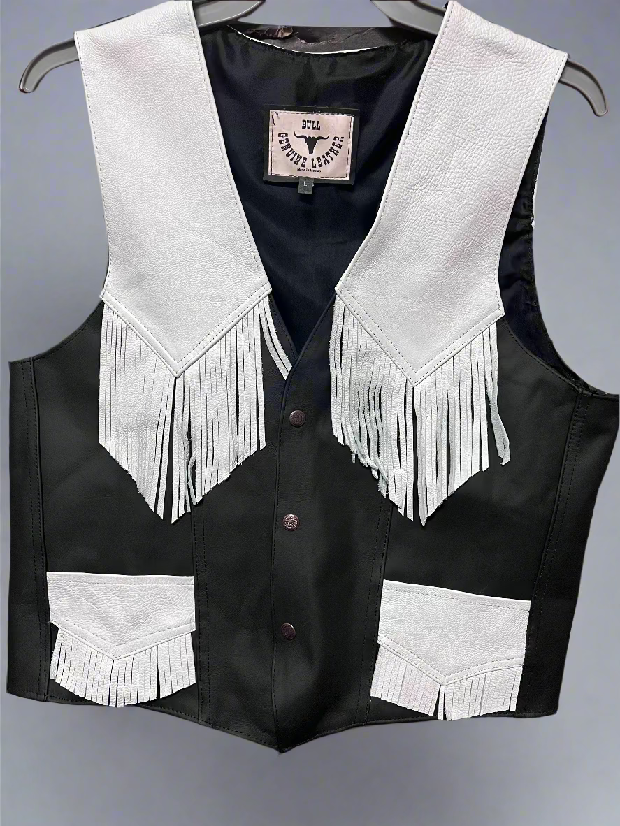 Men's Genuine Black Leather Vest with White Fringe and Details