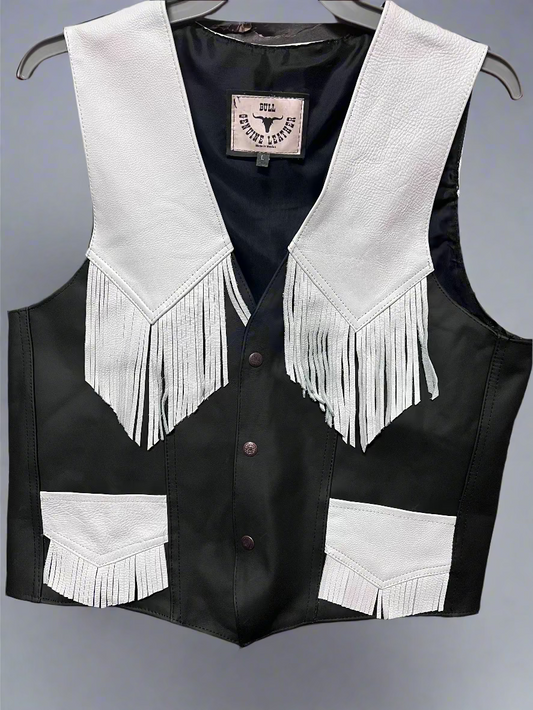 Men's Genuine Black Leather Vest with White Fringe and Details