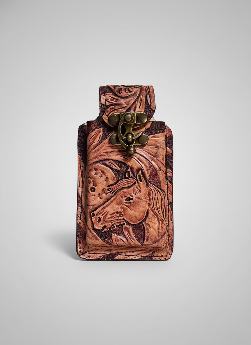 Leather Embossed Horse Design Clasp Phone Case