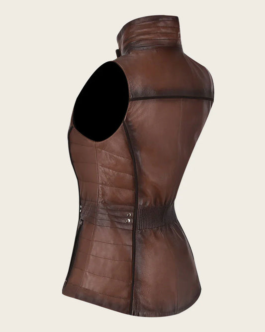 CUADRA Women's Brown Embroidered Leather Vest