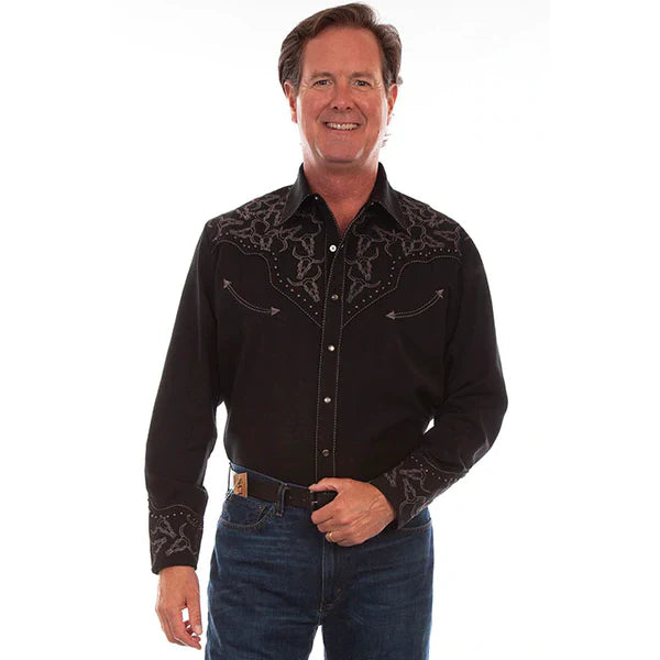 SCULLY Men's Longhorn Embellished Black Long Sleeve Button Snap Shirt