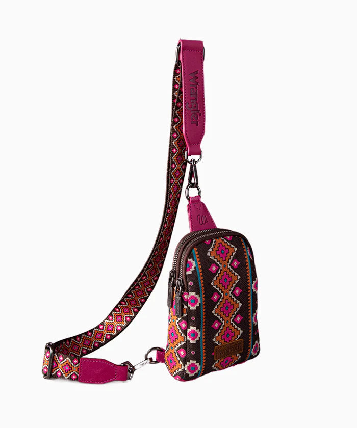 Wrangler Allover Aztec Dual Sided Print Crossbody Sling Bag Hot Pink