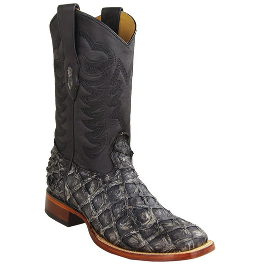 Los Altos  Black Genuine Pirarucu Fish Wide Square-Toe Cowboy Boots