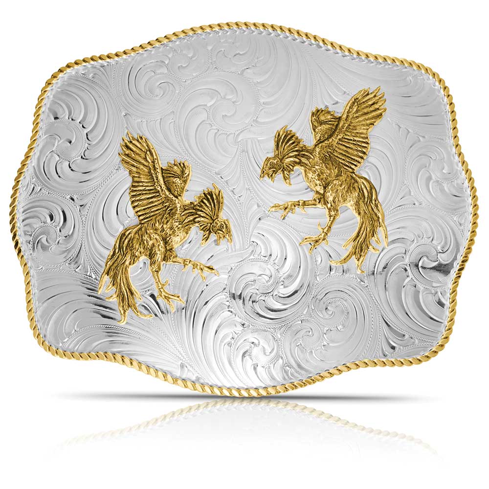 Extra Large Engraved Scalloped Buckle With Fighting Roosters
