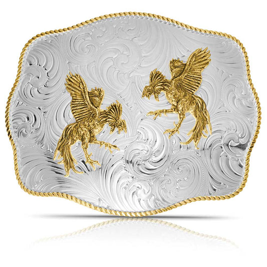 Extra Large Engraved Scalloped Buckle With Fighting Roosters