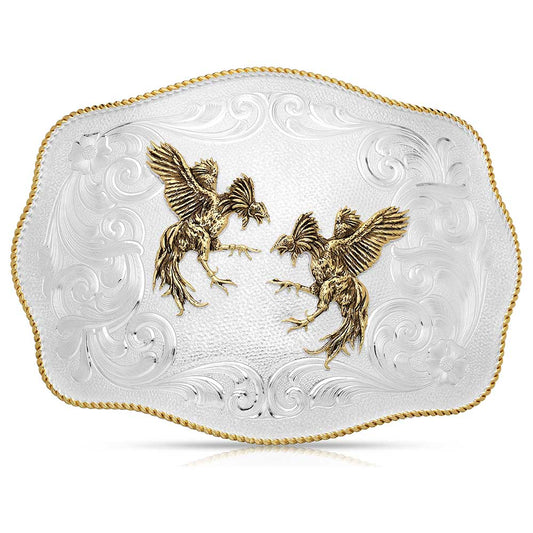 Montana Giant Oval Two Tone Belt Buckle With Fighting Roosters