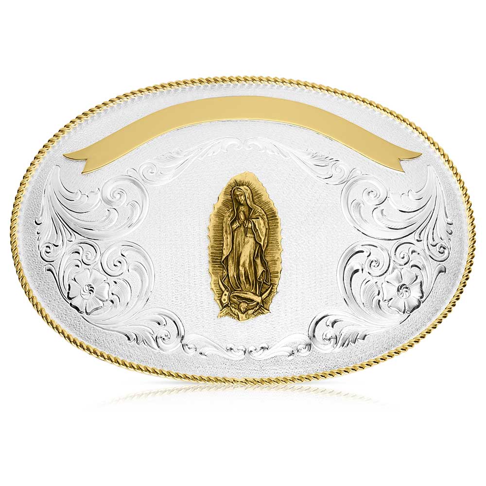 Montana Giant Oval Two Tone Belt Buckle with Lady of Guadalupe