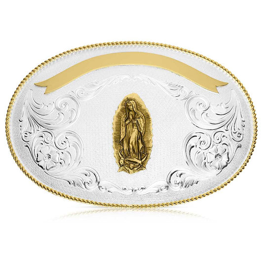 Montana Giant Oval Two Tone Belt Buckle with Lady of Guadalupe