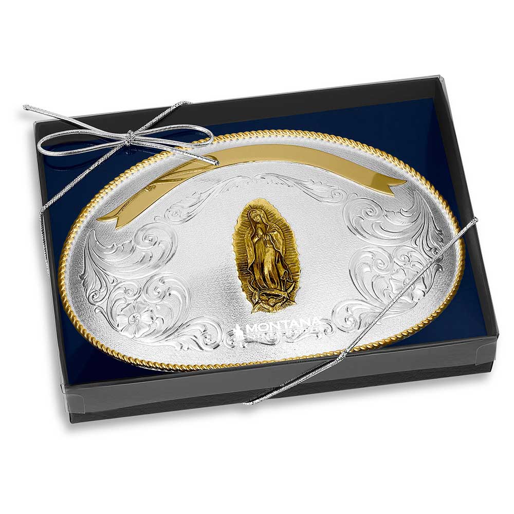 Montana Giant Oval Two Tone Belt Buckle with Lady of Guadalupe