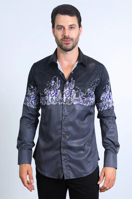PLATINI Men's Modern Fit Panoramic Foil Print Long Sleeve Shirt Black  AFL10225