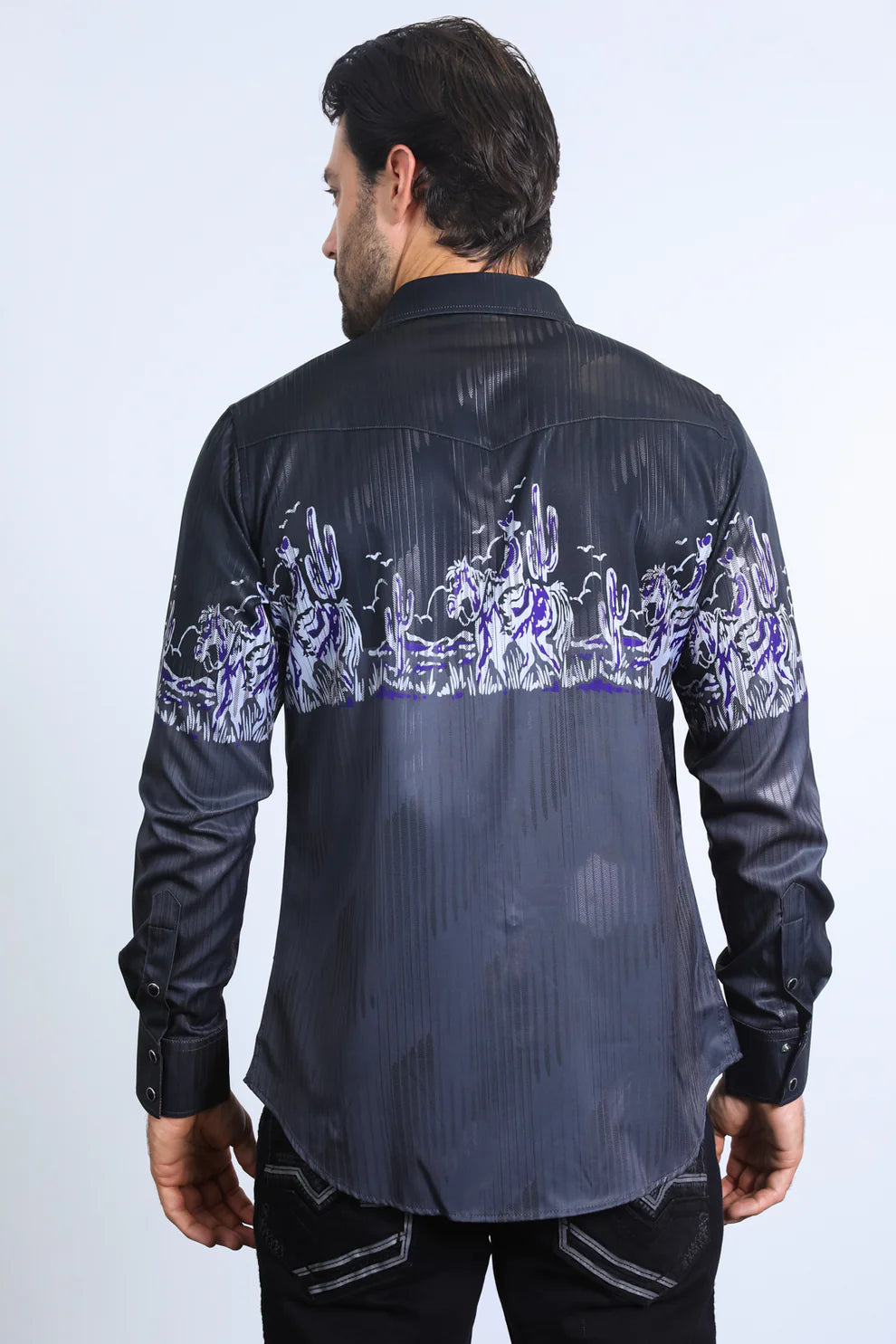 PLATINI Men's Modern Fit Panoramic Foil Print Long Sleeve Shirt Black  AFL10225