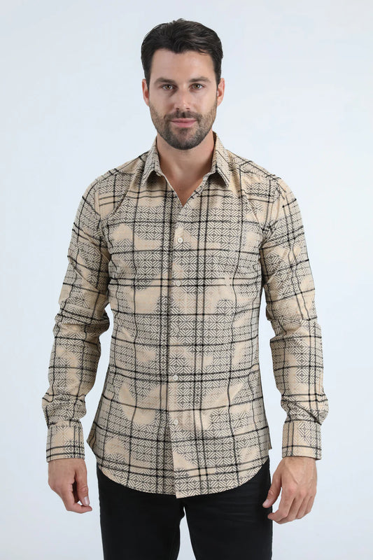 PLATINI Men's Flocked Modern Fit Spandex Beige Long Sleeve Shirt