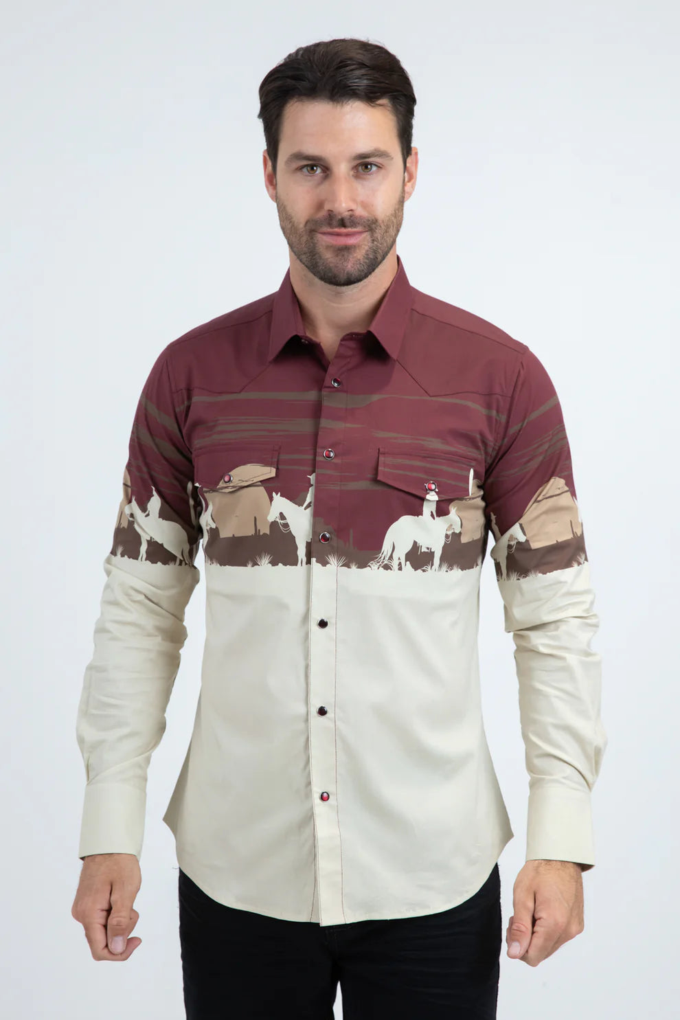 PLATINI Men's Modern Fit Cotton Stretch Panoramic Rodeo Long Sleeve Beige Shirt