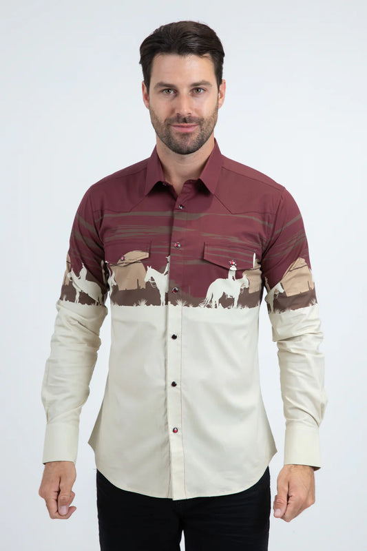 PLATINI Men's Modern Fit Cotton Stretch Panoramic Rodeo Long Sleeve Beige Shirt