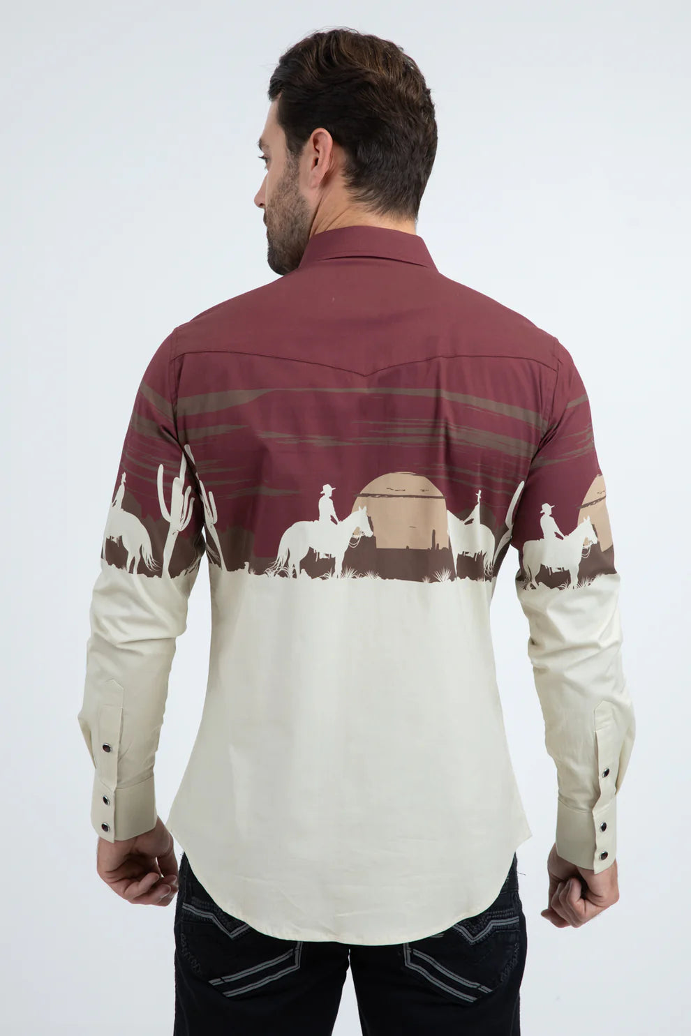 PLATINI Men's Modern Fit Cotton Stretch Panoramic Rodeo Long Sleeve Beige Shirt