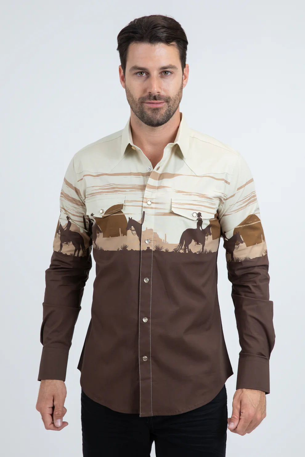 PLATINI Men's Modern Fit Cotton Stretch Panoramic Rodeo Long Sleeve Brown Shirt