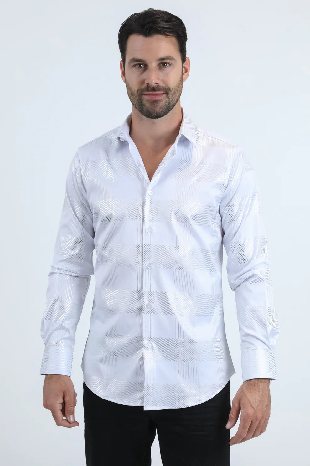 PLATINI Men's Modern Fit Stretch Foil Fashion White Shirt