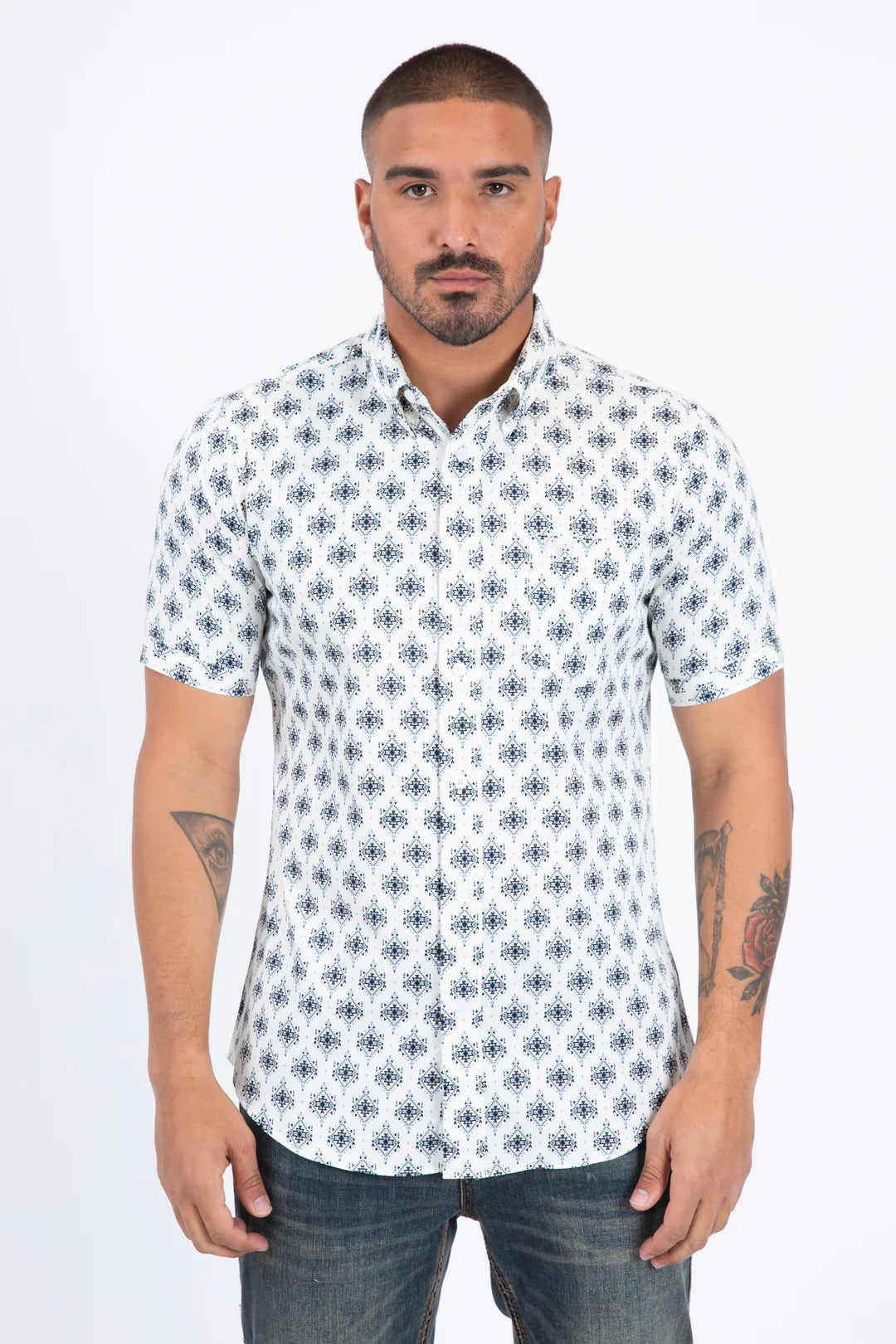 Mens Short Sleeve Modern Fit Stretch  Diamond Print Shirt