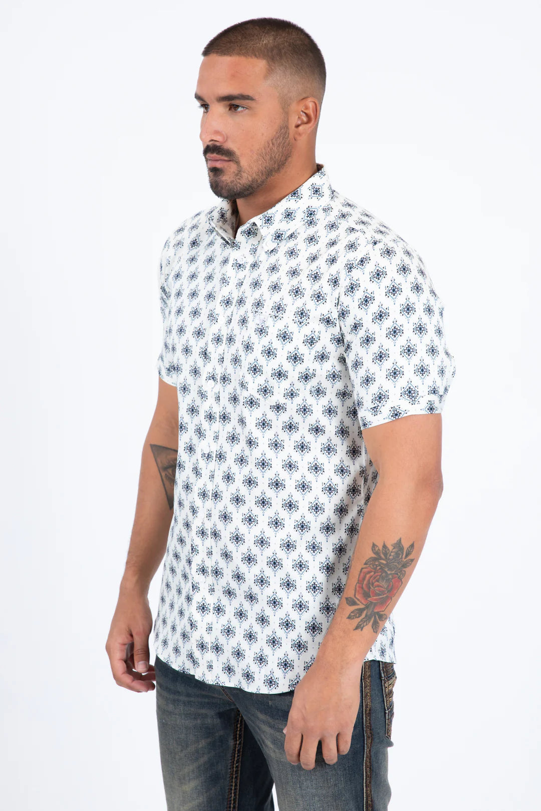 Mens Short Sleeve Modern Fit Stretch  Diamond Print Shirt