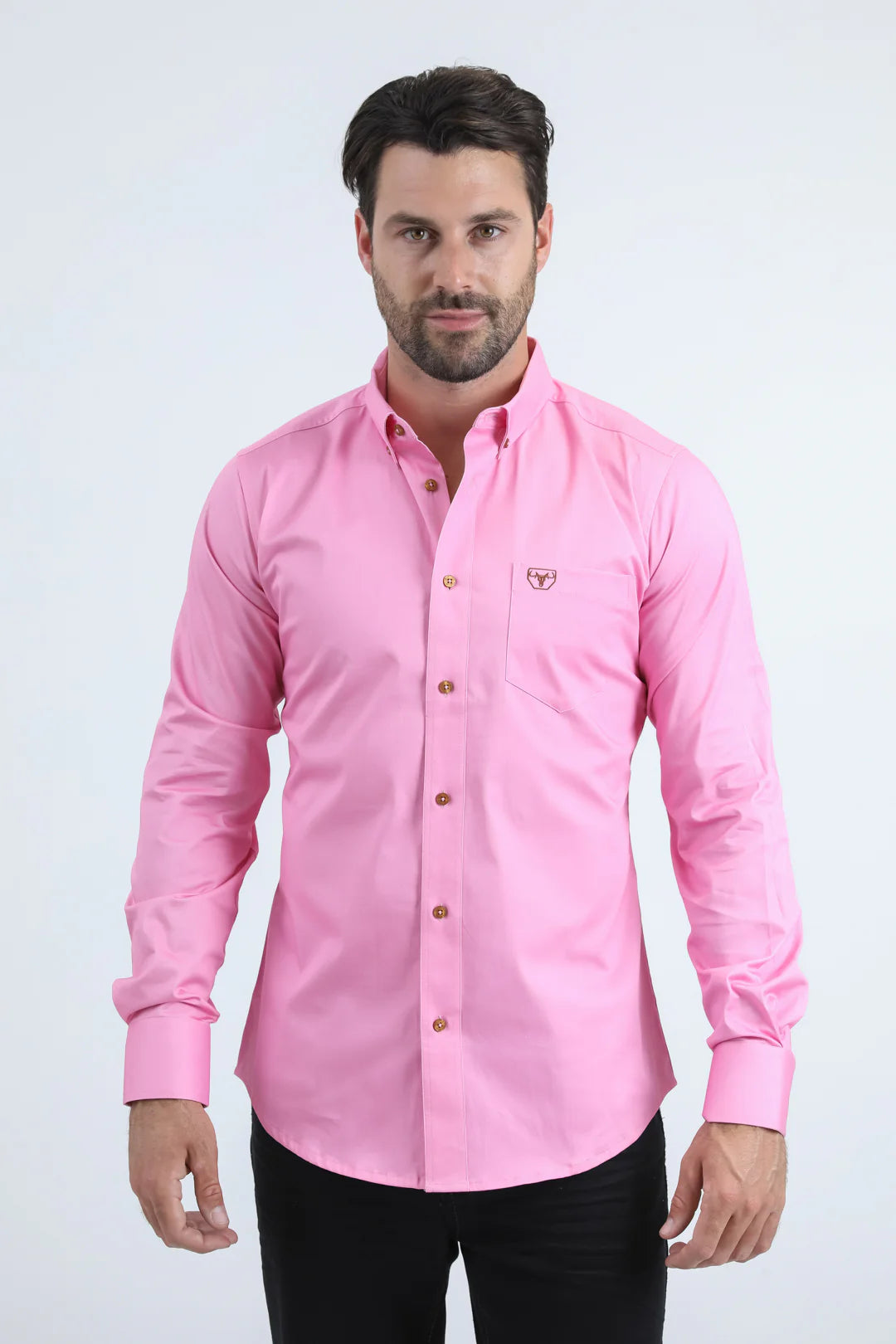 Platini Men’s Single Pocket Logo Modern Fit Stretch Dress Hot Pink Shirt