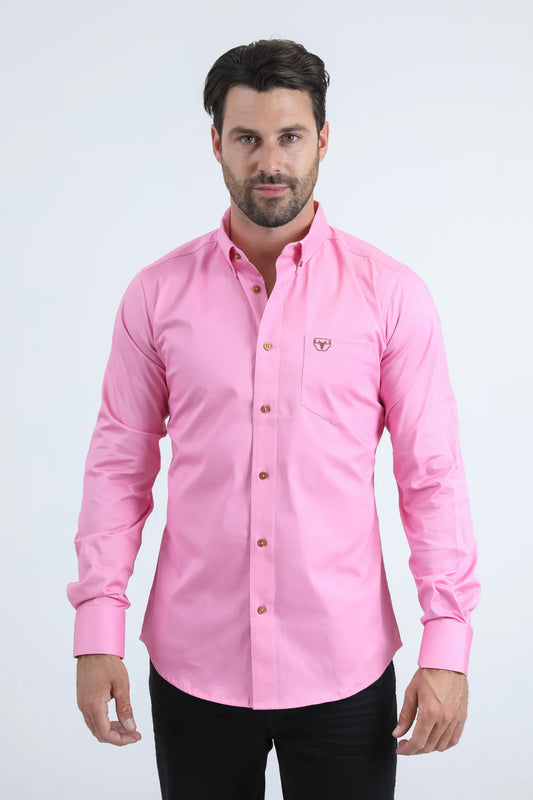 Platini Men’s Single Pocket Logo Modern Fit Stretch Dress Hot Pink Shirt