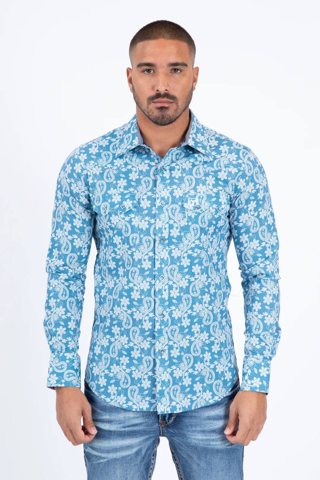 Mens Western Modern Fit Cotton/Spandex Long Sleeve Blue Shirt with Snaps