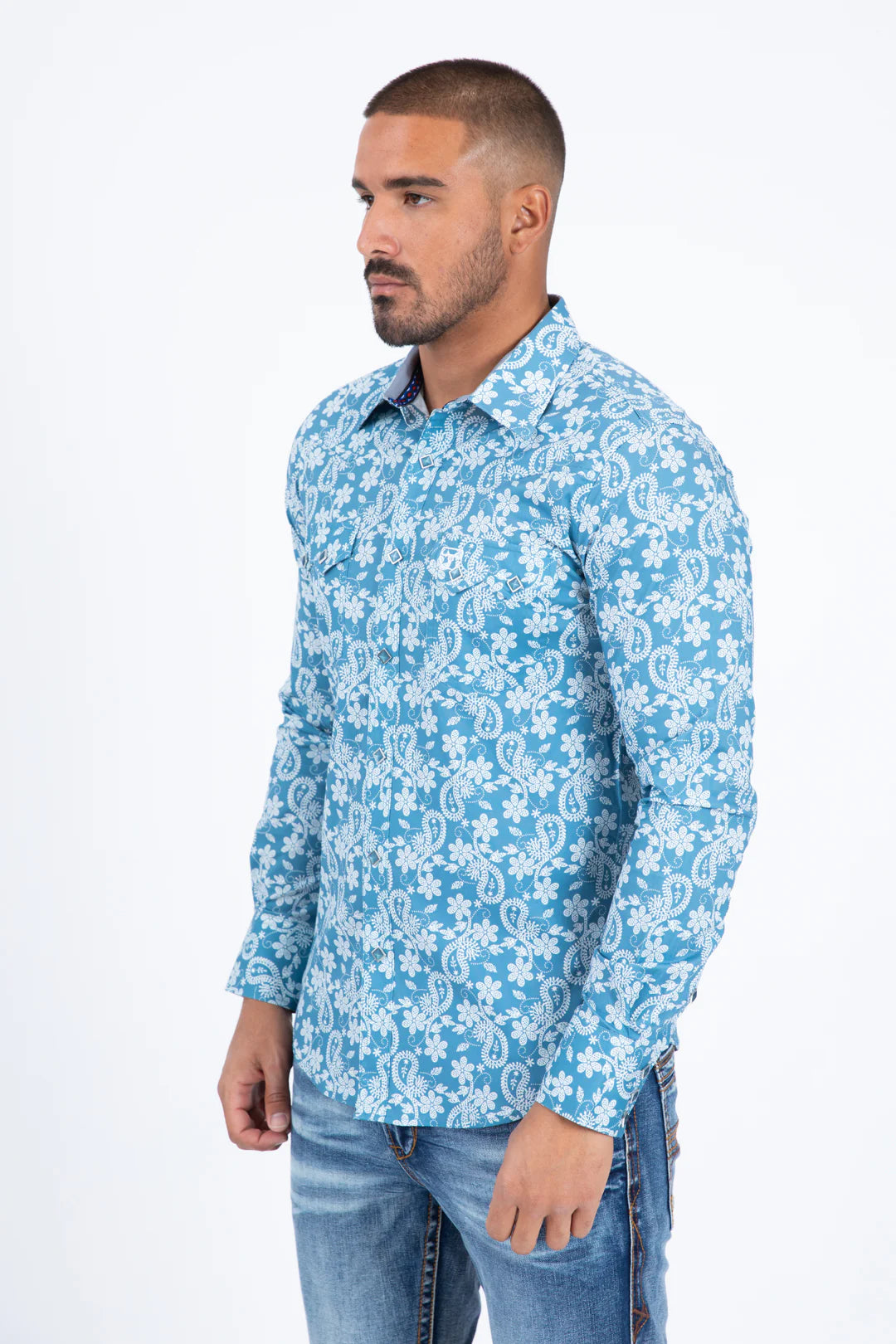 Mens Western Modern Fit Cotton/Spandex Long Sleeve Blue Shirt with Snaps