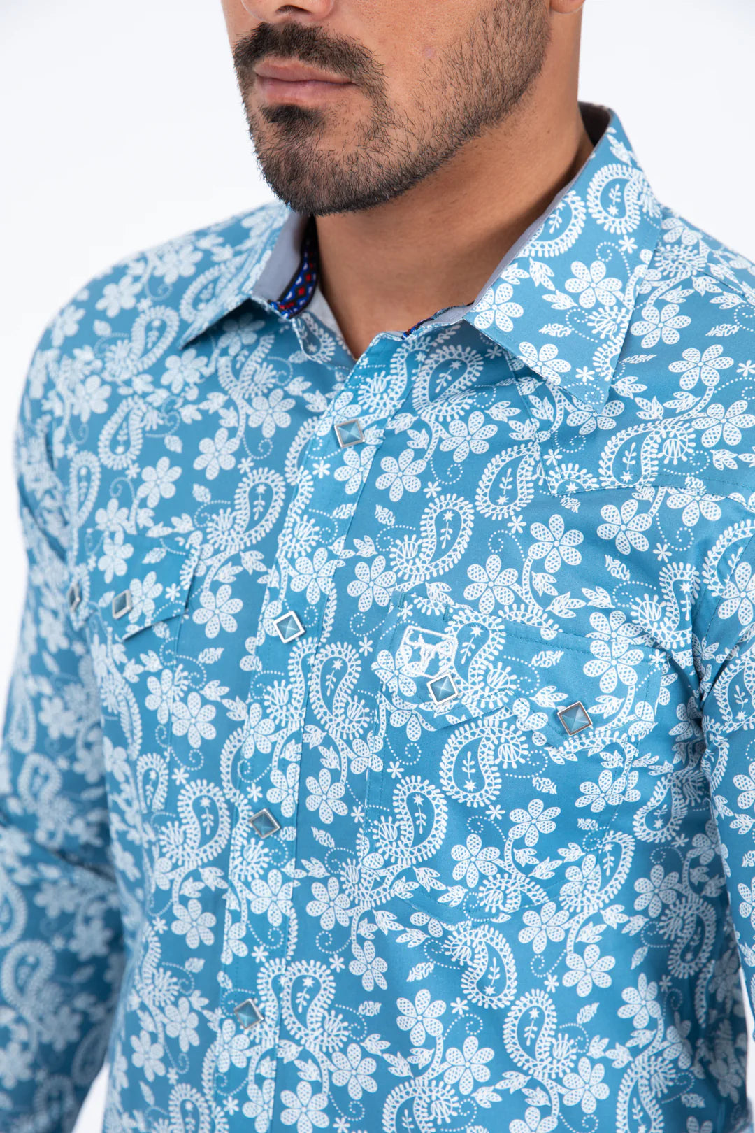 Mens Western Modern Fit Cotton/Spandex Long Sleeve Blue Shirt with Snaps