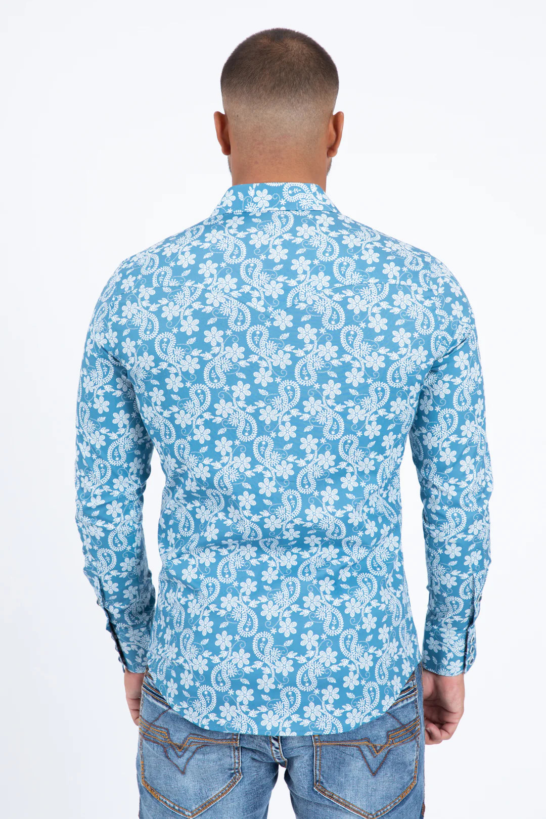Mens Western Modern Fit Cotton/Spandex Long Sleeve Blue Shirt with Snaps