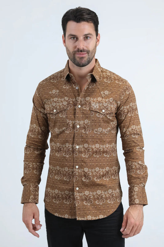 PLATINI Men's Western Modern Fit Cotton/Spandex Camel Long Sleeve Shirt