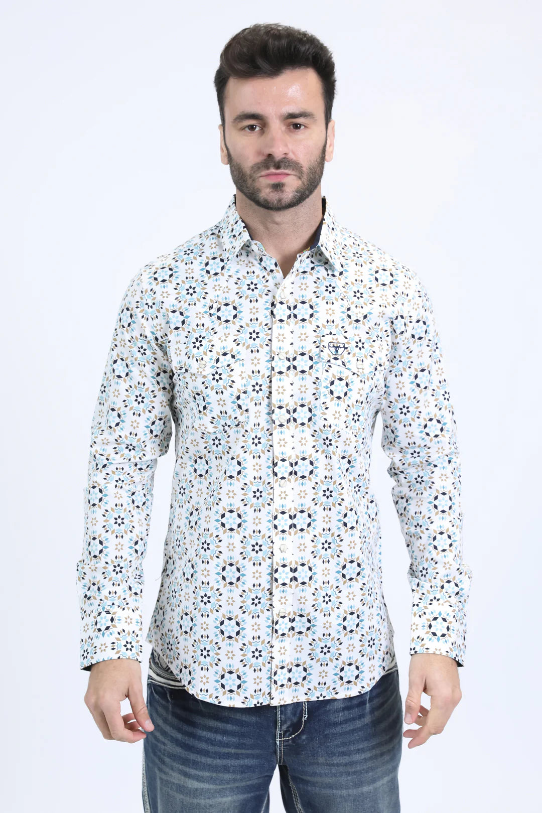 Platini Mens Western Modern Fit Cotton/Spandex Long Sleeve White Shirt with Snaps