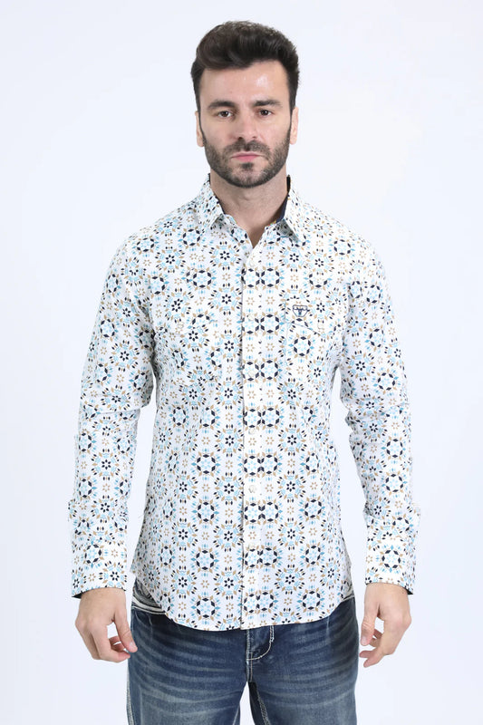Platini Mens Western Modern Fit Cotton/Spandex Long Sleeve White Shirt with Snaps