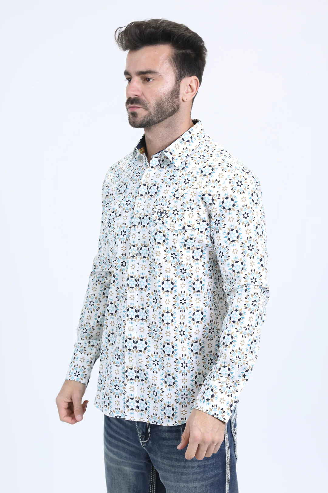 Platini Mens Western Modern Fit Cotton/Spandex Long Sleeve White Shirt with Snaps