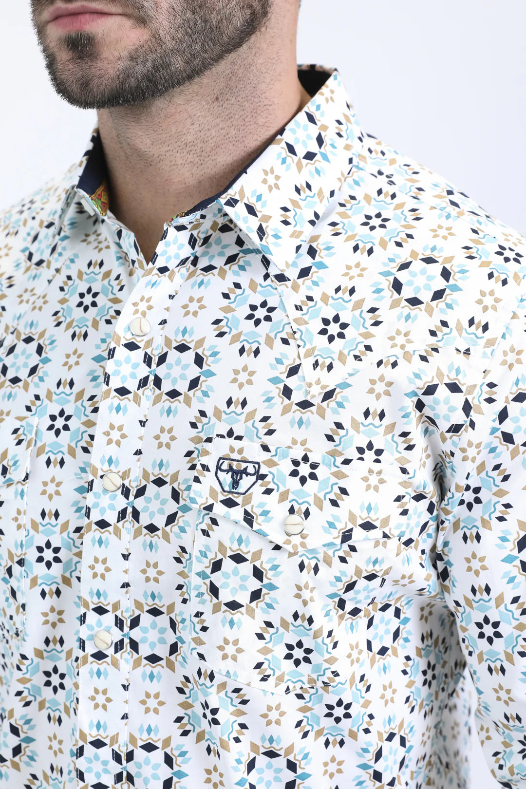 Platini Mens Western Modern Fit Cotton/Spandex Long Sleeve White Shirt with Snaps