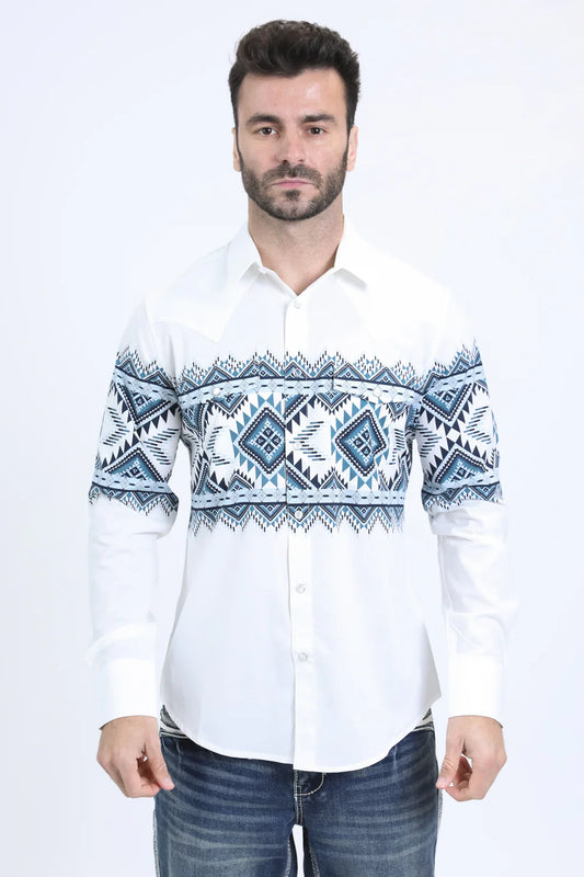 PLATINI Men's Western Modern Fit White with Geo Blue Print Long Sleeve Shirt