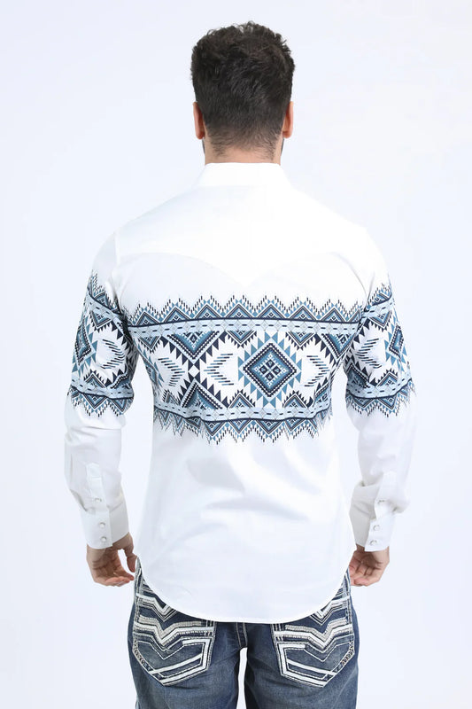 PLATINI Men's Western Modern Fit White with Geo Blue Print Long Sleeve Shirt