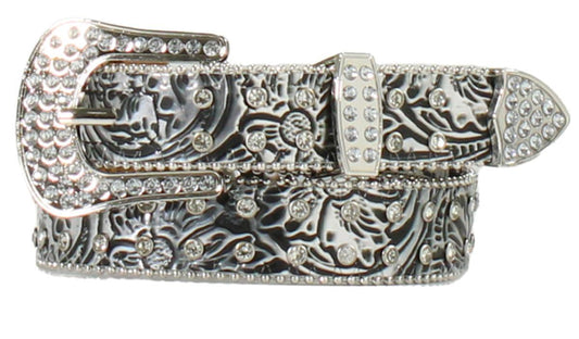 Nocona Western Womens Belt Leather Floral Crystals Black Silver N320006165