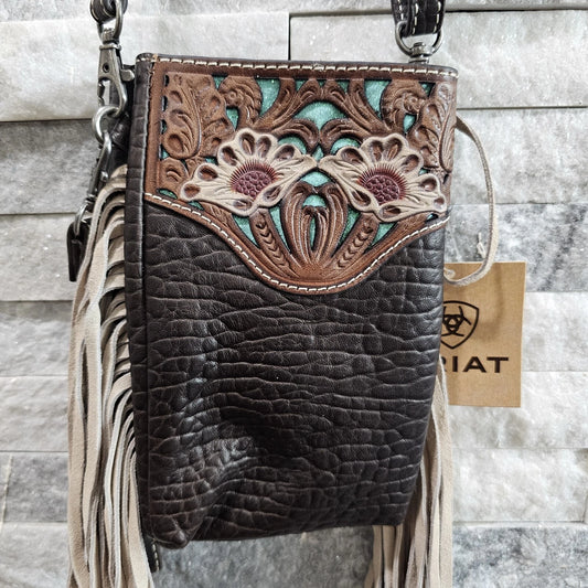 Ariat Monroe Cell Phone Crossbody Bag A770007402 NEW Brown Leather Ivory Fringe