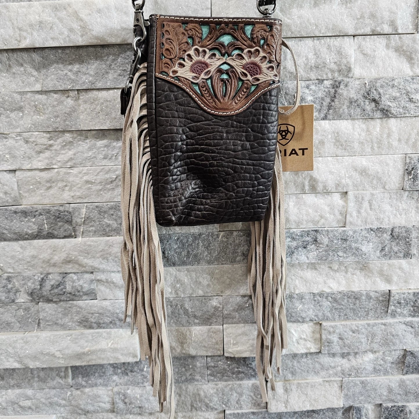 Ariat Monroe Cell Phone Crossbody Bag A770007402 NEW Brown Leather Ivory Fringe