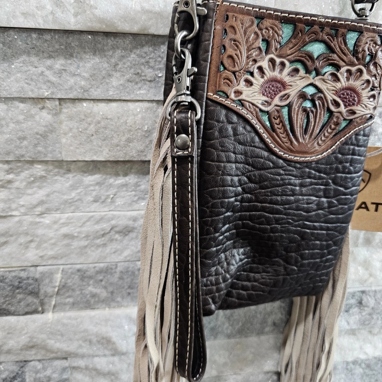 Ariat Monroe Cell Phone Crossbody Bag A770007402 NEW Brown Leather Ivory Fringe