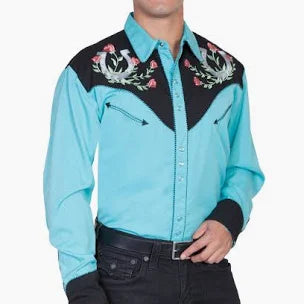 SCULLY Men's Horseshoe Rose Embroidery Teal Long Sleeve Snap Button Shirt