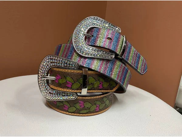 Angel Ranch Girls' Reversible Cactus Stripe Leather Belt