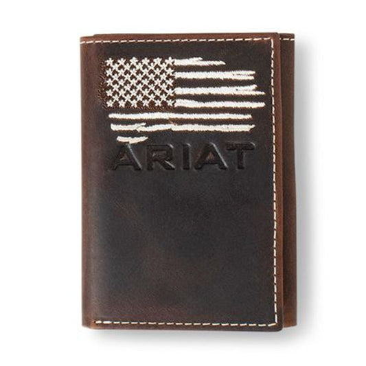 ARIAT Tri-Fold Wallet American Flag Distressed Brown